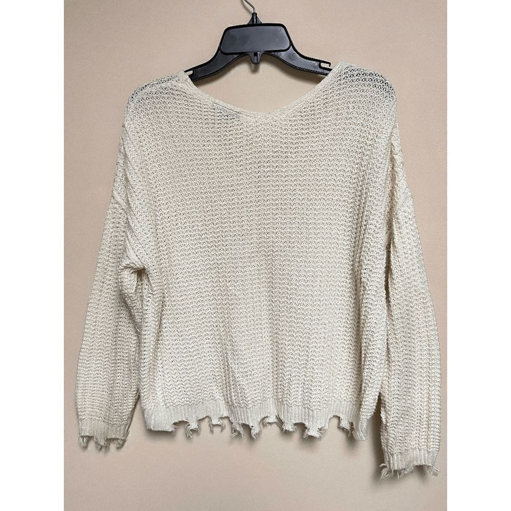 Freshman Womens Tunic Frayed Trim Cropped Sweater Beige Sz S - Picture 6 of 6